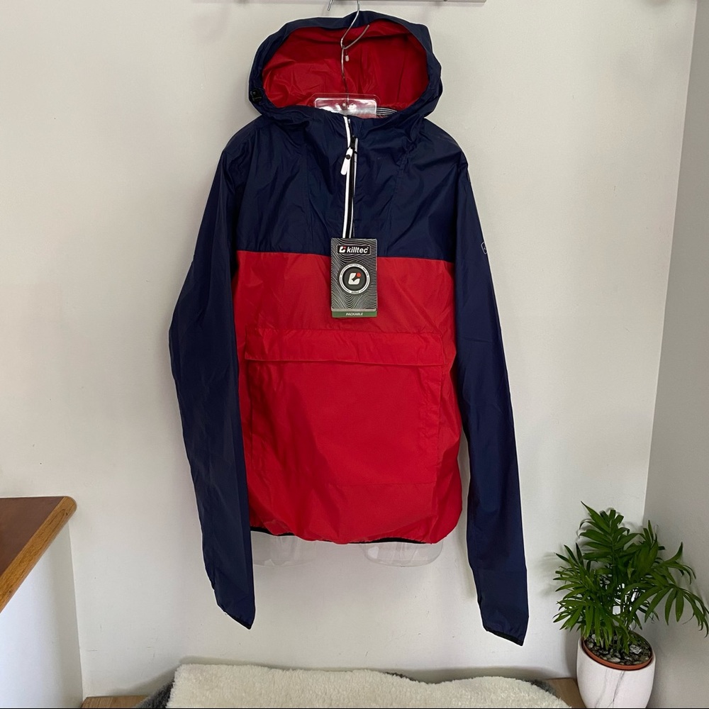 NEW Killtec Annorak Red & Navy Colorblock Packable Rain Windbreaker Jacket M L